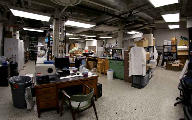 research lab with hanging white lab coats, desks, chairs, and various lab equipments
