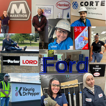 collage of co-op students standing in front of company names